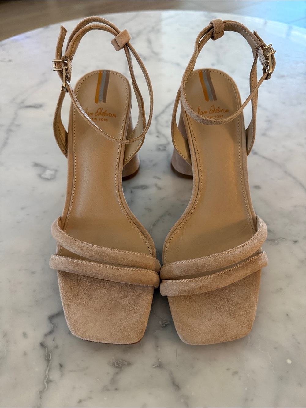 Sam Edelman Beige Suede Ankle Strap Block Heel Sandals